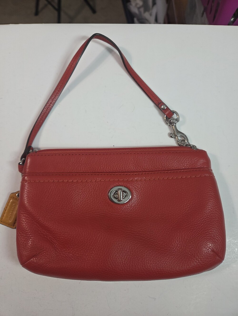 coach park pebbled leather wristlet vermillion red orange hang tag large